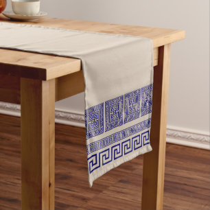 Greek Meander - Greek Key - Blue and beige Long Table Runner
