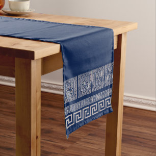 Greek Meander - Greek Key - Blue and beige  Long Table Runner