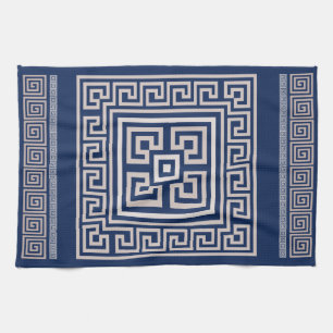 Greek Meander - Greek Key - Blue and Beige Tea Towel