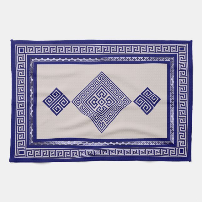 Greek Meander - Greek Key - Blue and Beige Tea Towel (Horizontal)