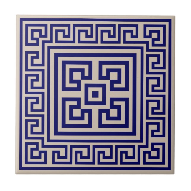 Greek Meander - Greek Key - Blue and beige Tile (Front)