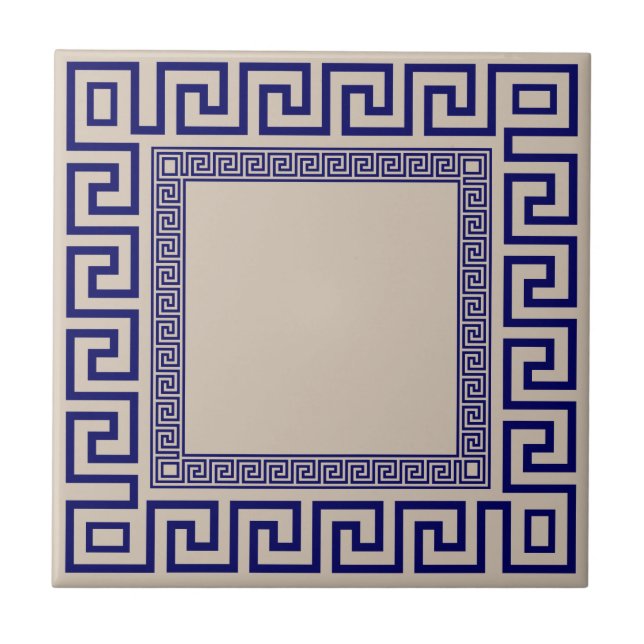 Greek Meander - Greek Key - Blue and beige  Tile (Front)