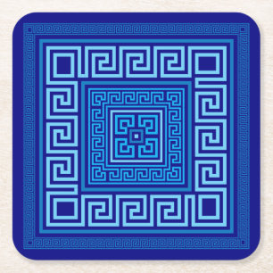 Greek Meander - Greek Key - Shades of blue Square Paper Coaster