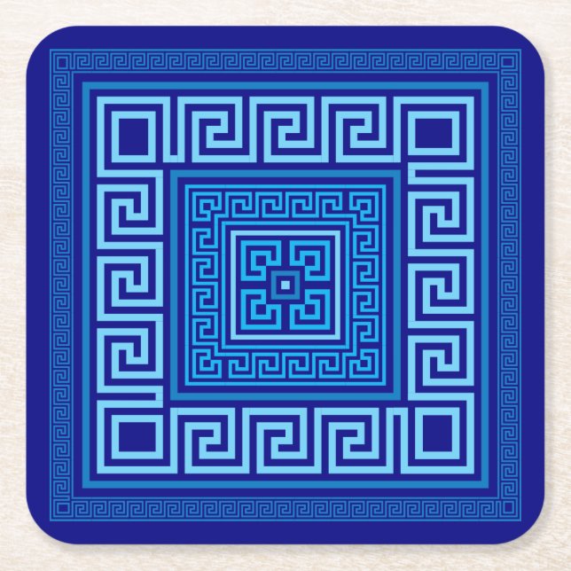 Greek Meander - Greek Key - Shades of blue Square Paper Coaster (Front)