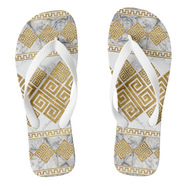 Greek Meander - Greek Key White Marble and Gold Jandals (Footbed)