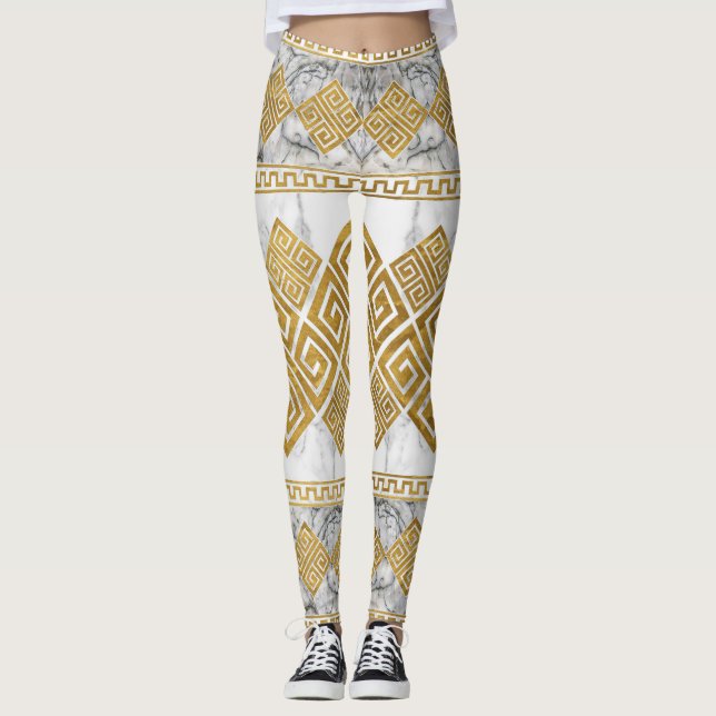 Greek Meander - Greek Key White Marble and Gold Leggings (Front)