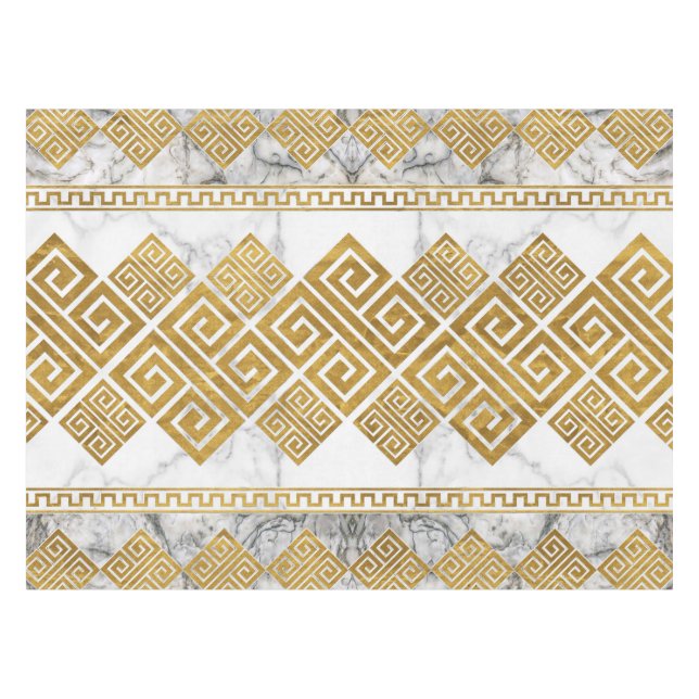 Greek Meander - Greek Key White Marble and Gold Tablecloth (Front (Horizontal))