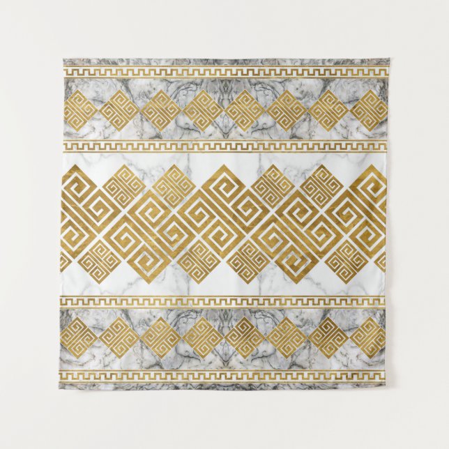 Greek Meander - Greek Key White Marble and Gold Tapestry (Front)