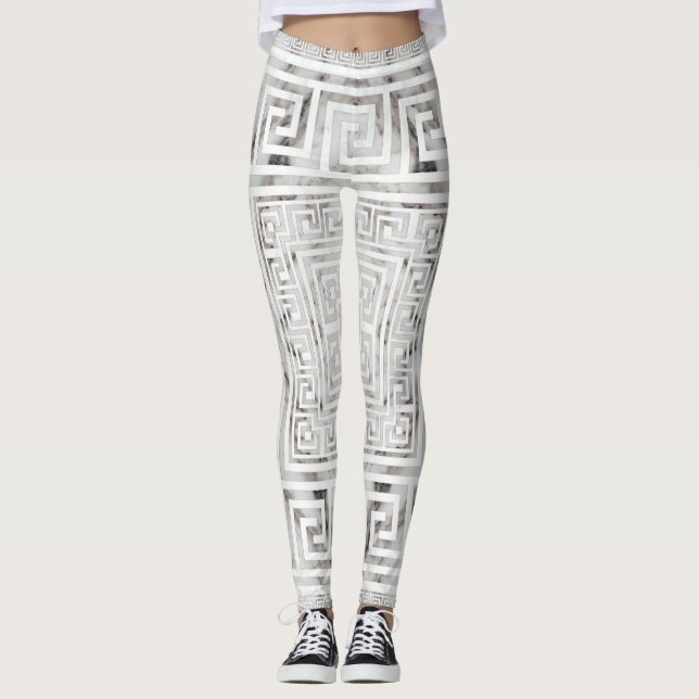 Greek Meander - Greek Key White Marble textures Leggings (Front)