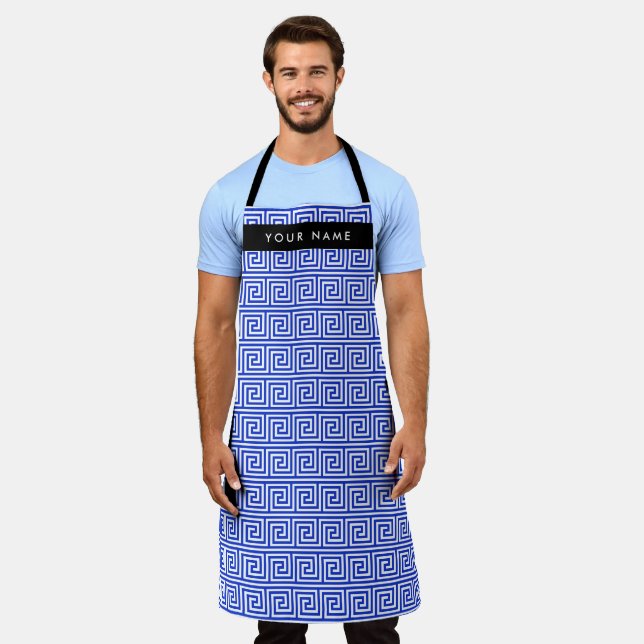 Greek Meander Key Blue, Your Name, Personalise Apron (Worn)