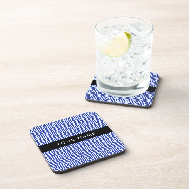 Greek Meander Key Blue, Your Name, Personalise Coaster (Right Side)