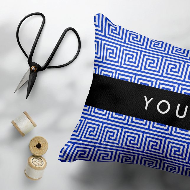 Greek Meander Key Blue, Your Name, Personalise Decorative Cushion (Creator Uploaded)