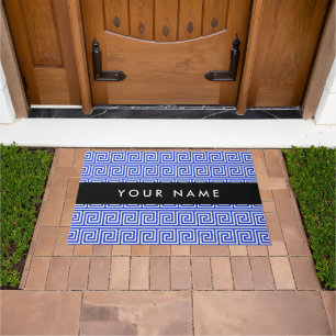 Greek Meander Key Blue, Your Name, Personalise Doormat