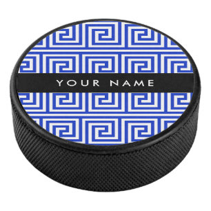Greek Meander Key Blue, Your Name, Personalise Hockey Puck