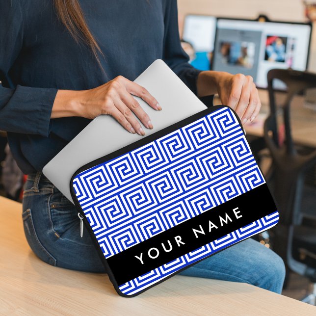 Greek Meander Key Blue, Your Name, Personalise Laptop Sleeve (Creator Uploaded)