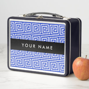 Greek Meander Key Blue, Your Name, Personalise Metal Lunch Box
