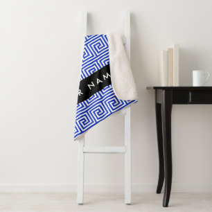 Greek Meander Key Blue, Your Name, Personalise Sherpa Blanket