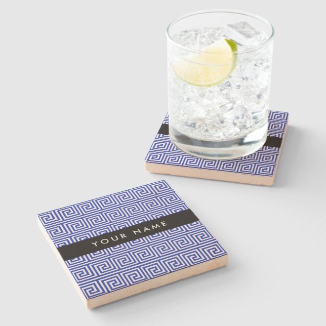 Greek Meander Key Blue, Your Name, Personalise Stone Coaster (Side)