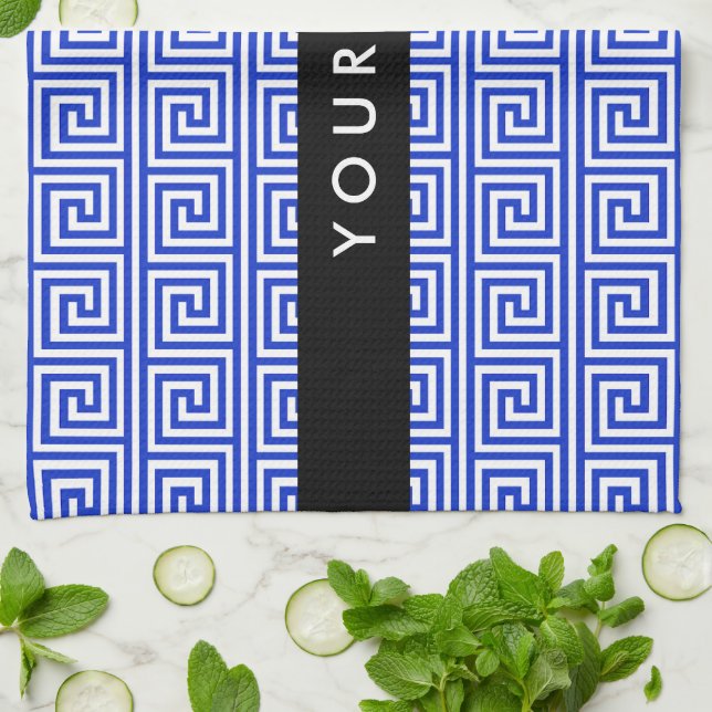 Greek Meander Key Blue, Your Name, Personalise Tea Towel (Folded)