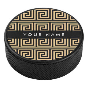 Greek Meander Key Brown, Your Name, Personalise Hockey Puck