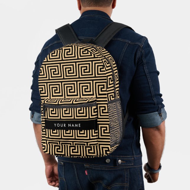Greek Meander Key Brown, Your Name, Personalise Printed Backpack (Insitu (Model))