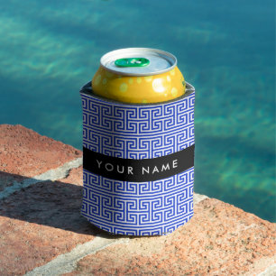 Greek Meander Key H Blue, Your Name, Personalise Can Cooler