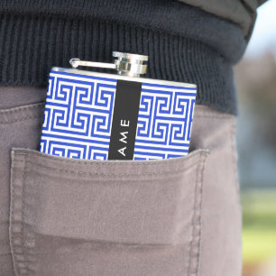 Greek Meander Key H Blue, Your Name, Personalise Hip Flask