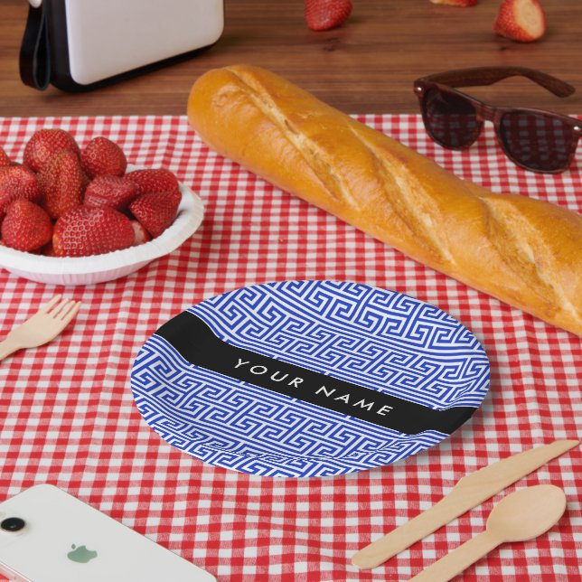 Greek Meander Key H Blue, Your Name, Personalise Paper Plate (Picnic)