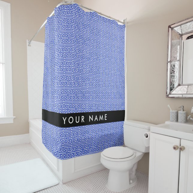 Greek Meander Key H Blue, Your Name, Personalise Shower Curtain (In Situ)