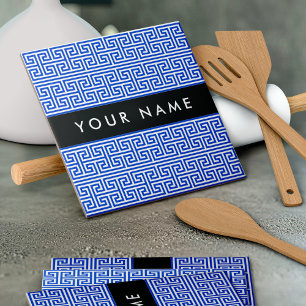 Greek Meander Key H Blue, Your Name, Personalise Tile