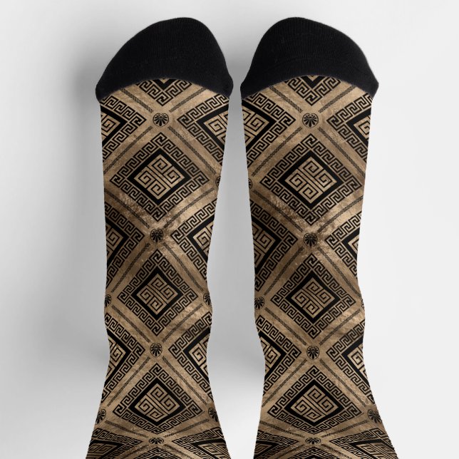 Greek Meander Key Pattern Black and gold Socks (Top)