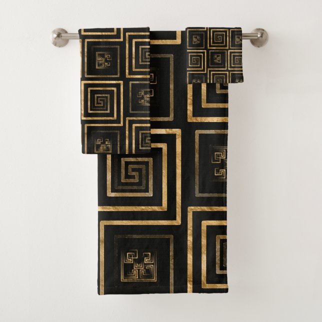 Greek Meander Key pattern - gold watercolor Bath Towel Set (Insitu)