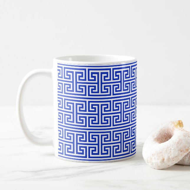 Greek Meander Key Square H Pattern Blue Coffee Mug (With Donut)