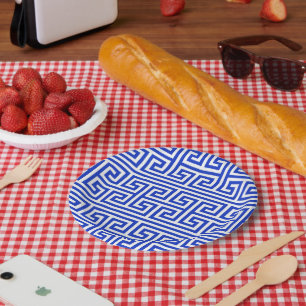 Greek Meander Key Square H Pattern Blue Paper Plate