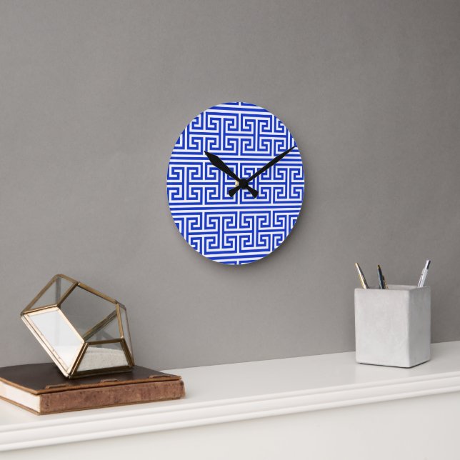 Greek Meander Key Square H Pattern Blue Round Clock (Office)