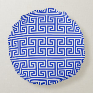 Greek Meander Key Square H Pattern Blue Round Cushion