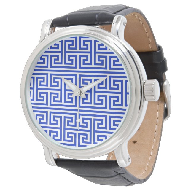 Greek Meander Key Square H Pattern Blue Watch (Angled)