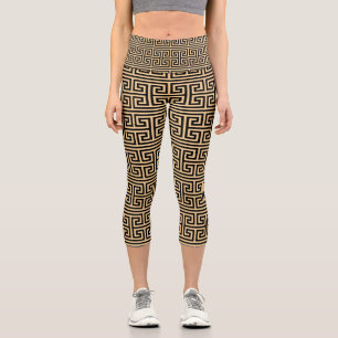 Greek Meander Key Square H Pattern Brown Capri Leggings