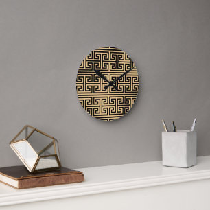 Greek Meander Key Square H Pattern Brown Round Clock