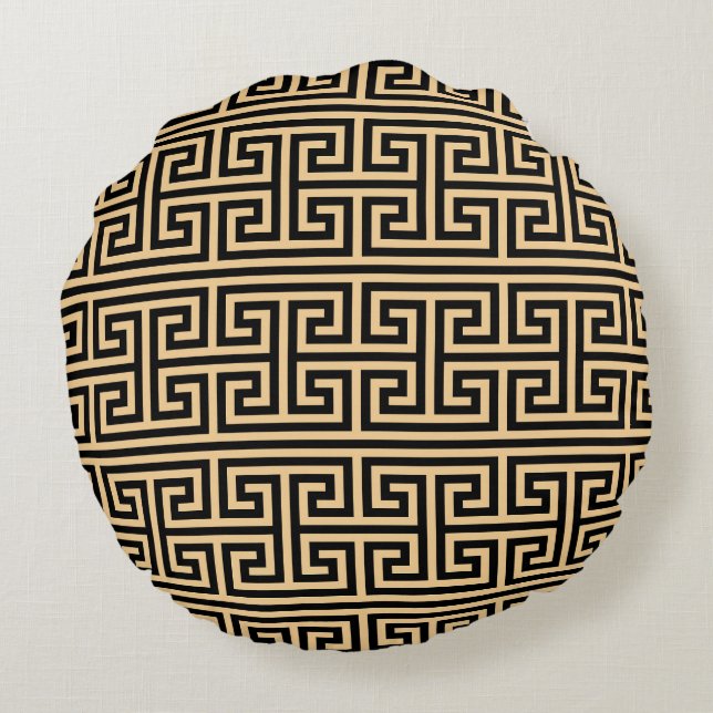 Greek Meander Key Square H Pattern Brown Round Cushion (Back)