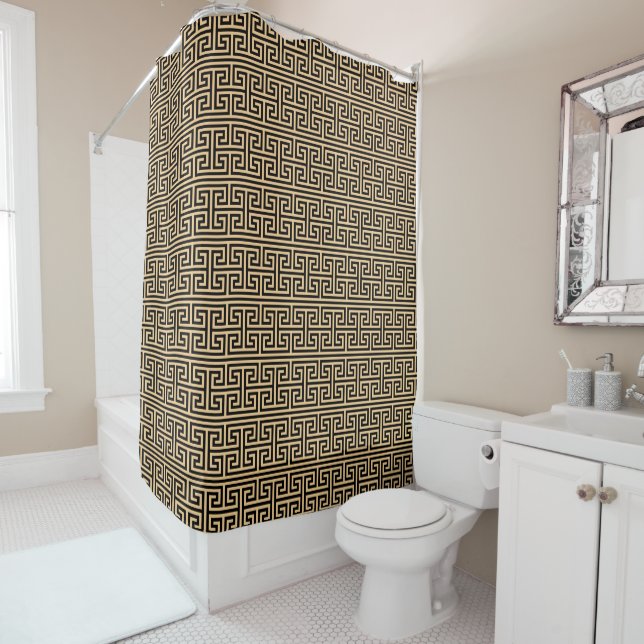 Greek Meander Key Square H Pattern Brown Shower Curtain (In Situ)
