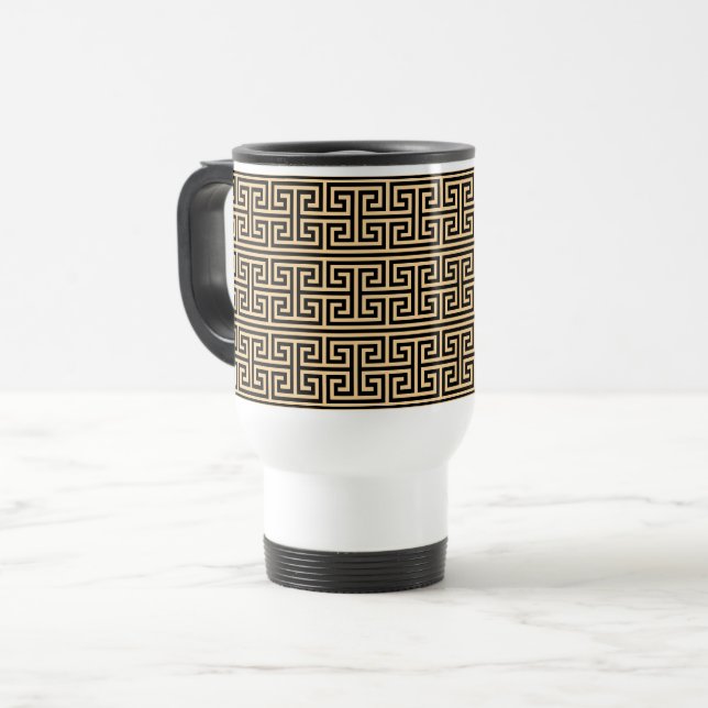 Greek Meander Key Square H Pattern Brown Travel Mug (Front Left)