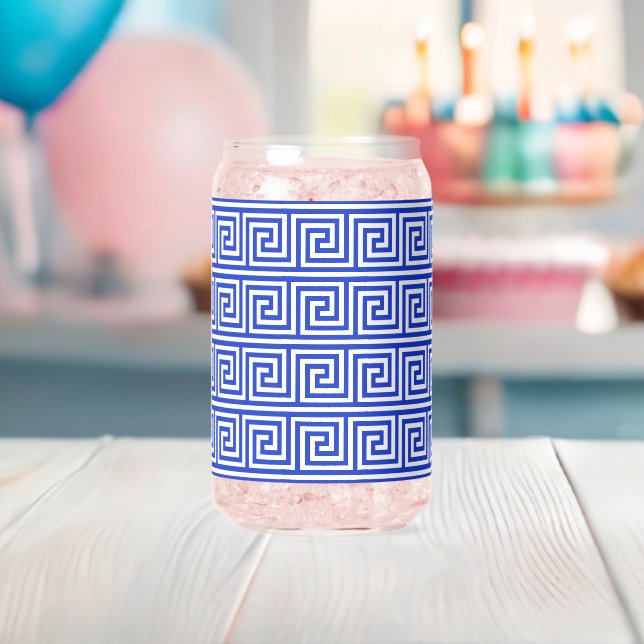 Greek Meander Key Squares Pattern Blue Can Glass (Insitu (Baby Shower))