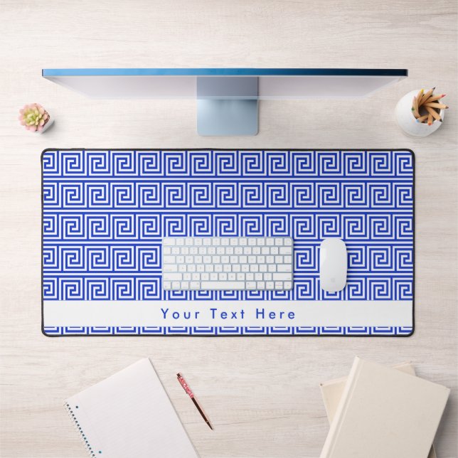 Greek Meander Key Squares Pattern Blue Desk Mat (Office 1)