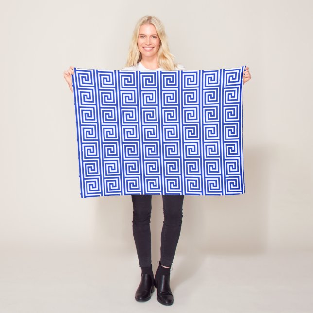 Greek Meander Key Squares Pattern Blue Fleece Blanket (In Situ)