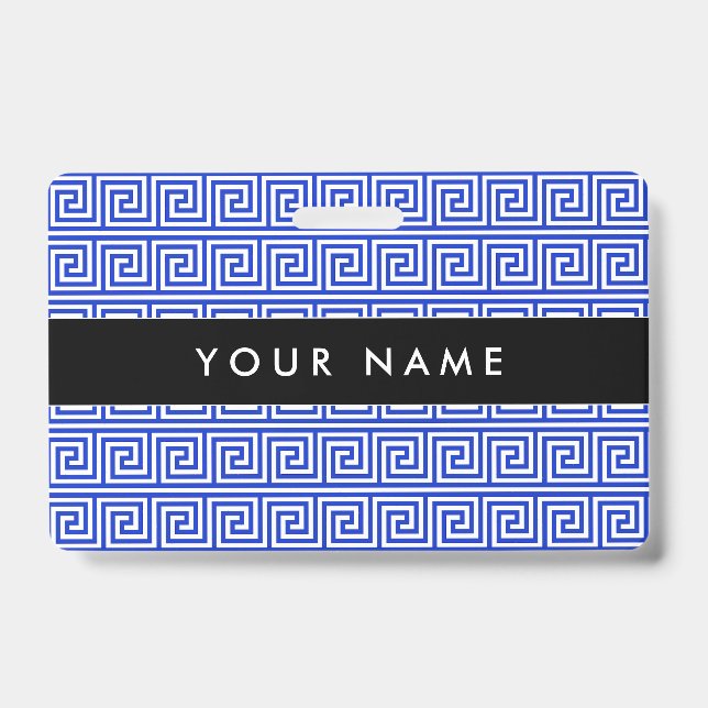 Greek Meander Key Squares Pattern Blue ID Badge (Front)