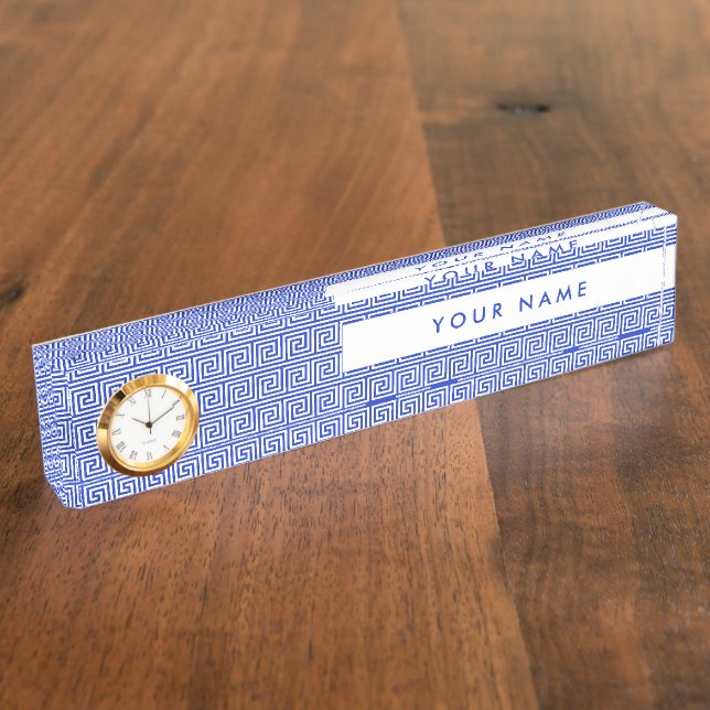Greek Meander Key Squares Pattern Blue Nameplate (Side)