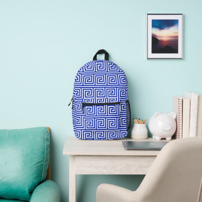 Greek Meander Key Squares Pattern Blue Printed Backpack (Insitu)