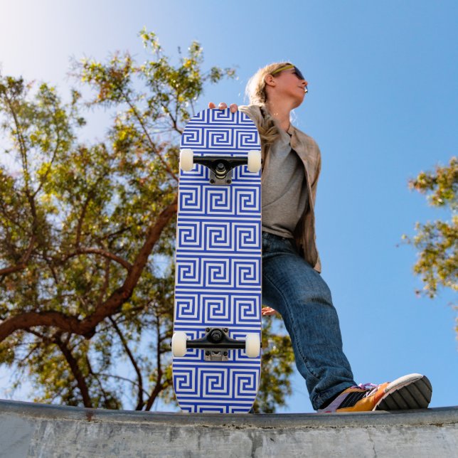 Greek Meander Key Squares Pattern Blue Skateboard (Outdoor 1)