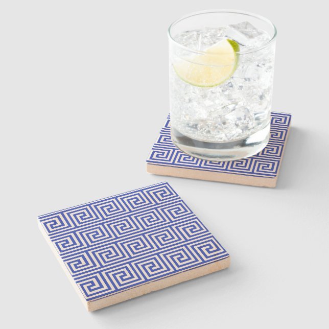 Greek Meander Key Squares Pattern Blue Stone Coaster (Side)